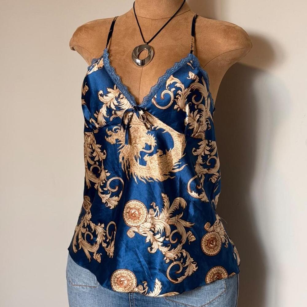 Blue satin dragon print cami